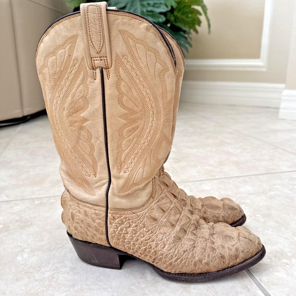 Rudel Rogers Cowboy Boots Handmade Beige Crocodile Embossed Leather Men US 7B